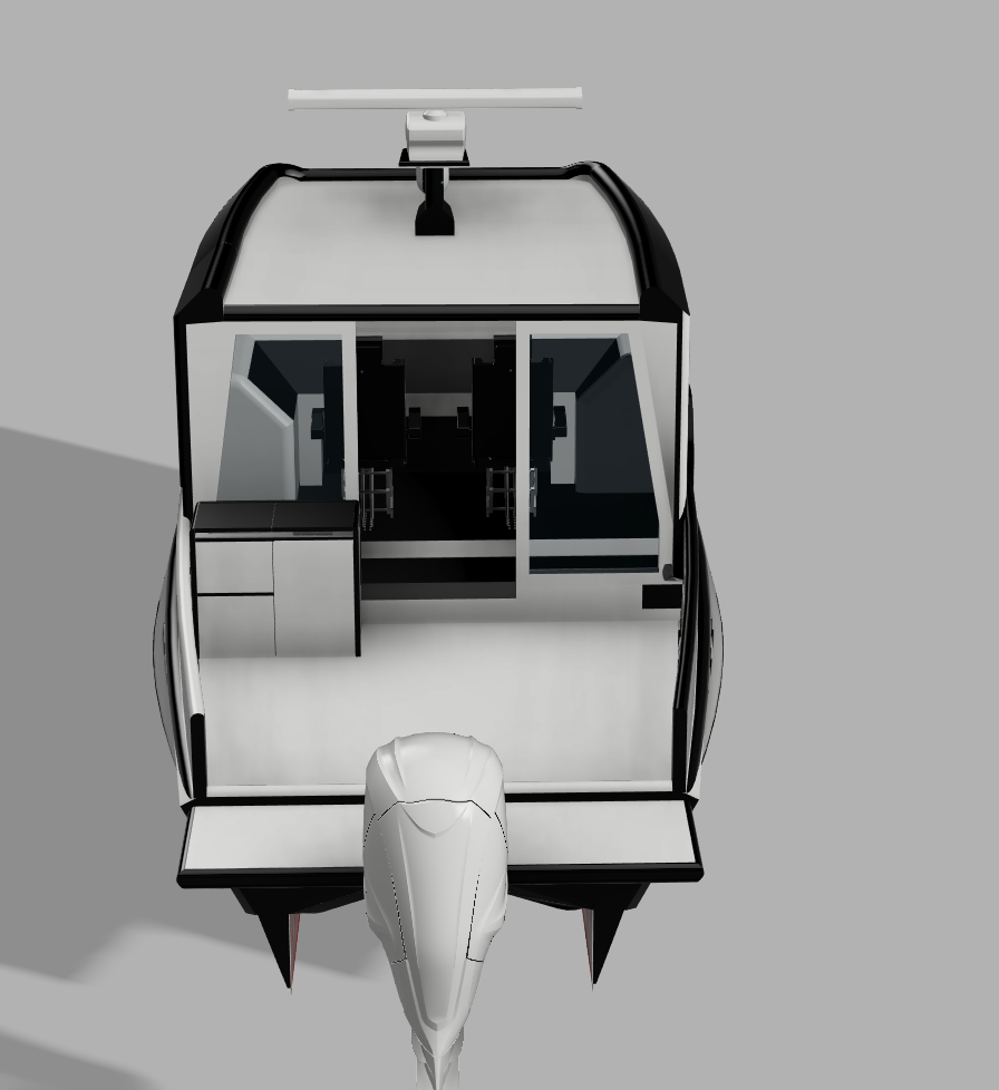 Top-down view of a small boat with a cabin, an outboard motor at the stern, and a hatch on the roof.
