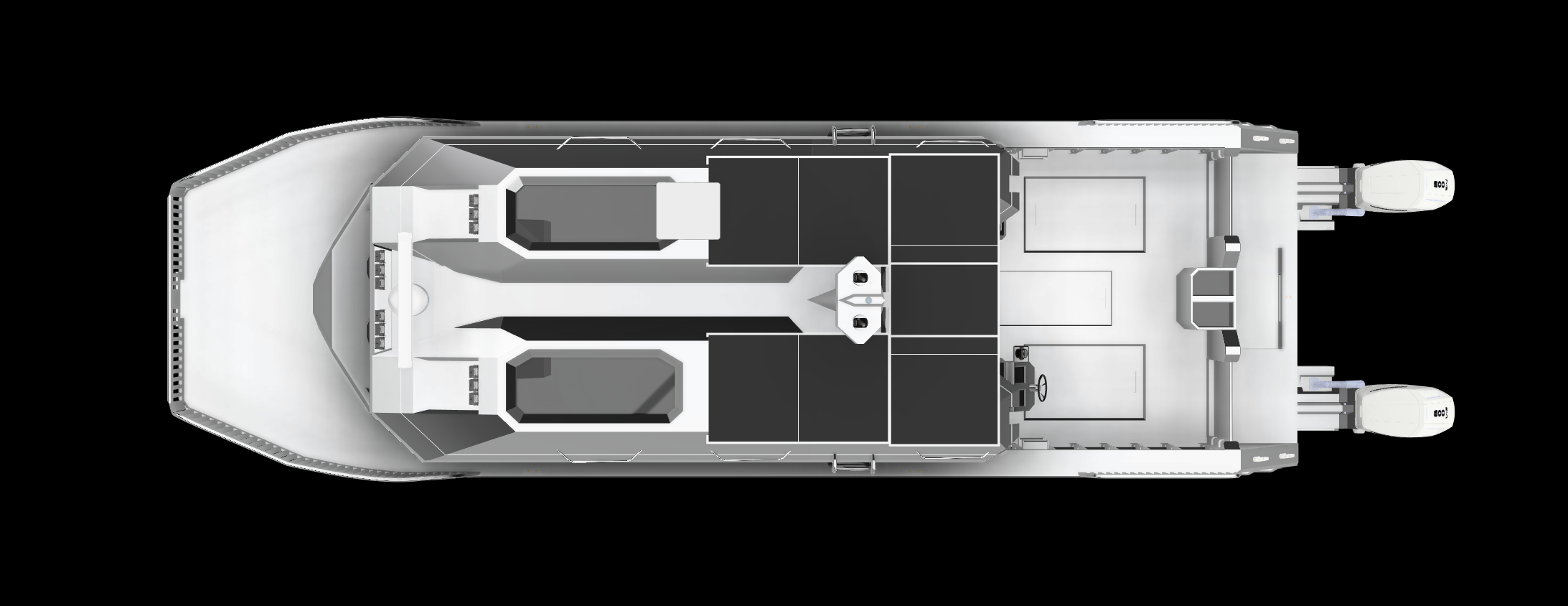 Top-down view of a modern boat with two outboard motors, a helm, and interior seating and storage areas.