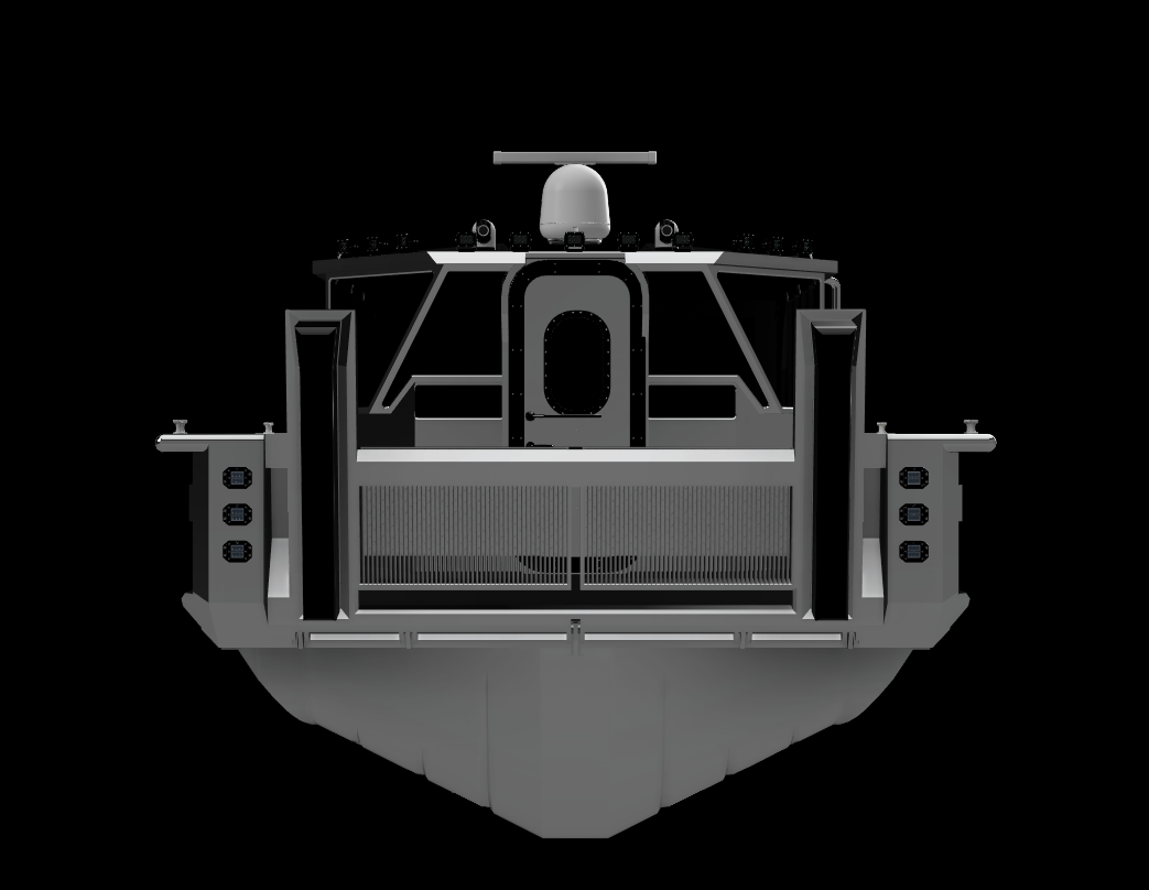 Front view of a futuristic drone or robot vessel with a sleek, angular design, black and white coloration, and mounted sensors or cameras on the top.