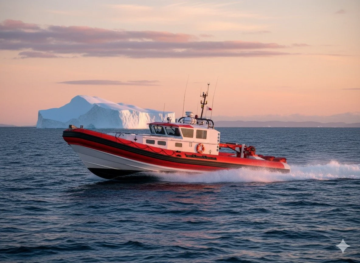 A red and white rescue boat moving at high speed through the sea, with icebergs in the background during sunset.