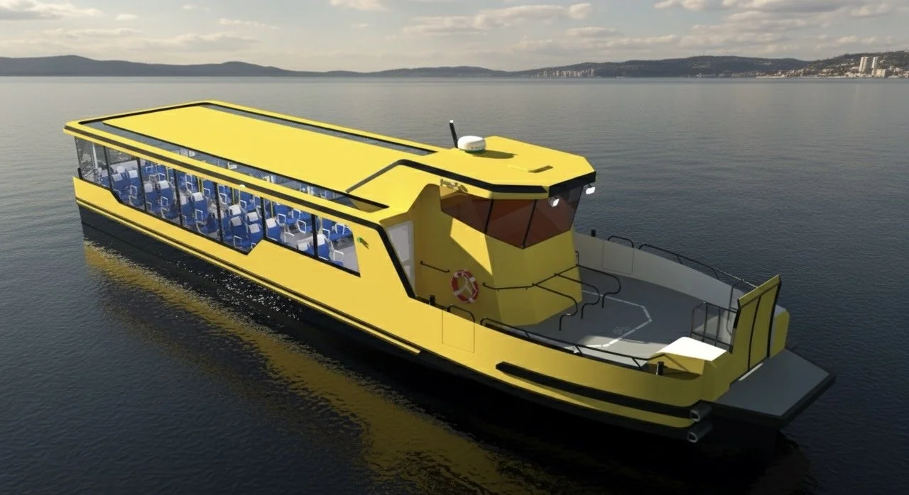 A digital rendering of a yellow passenger boat with large windows, sitting on calm water with a distant shoreline and cloudy sky in the background.