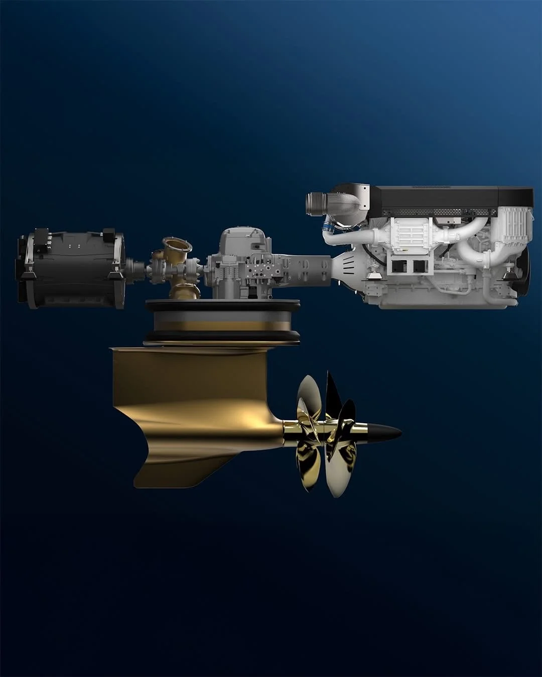 A detailed view of a spacecraft propulsion system with various components, including a propeller, engine parts, and a golden-colored section against a dark background.