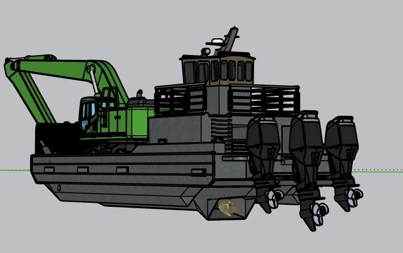 A digital illustration of a tugboat with a green crane and three outboard motors at the stern, viewed from the side.
