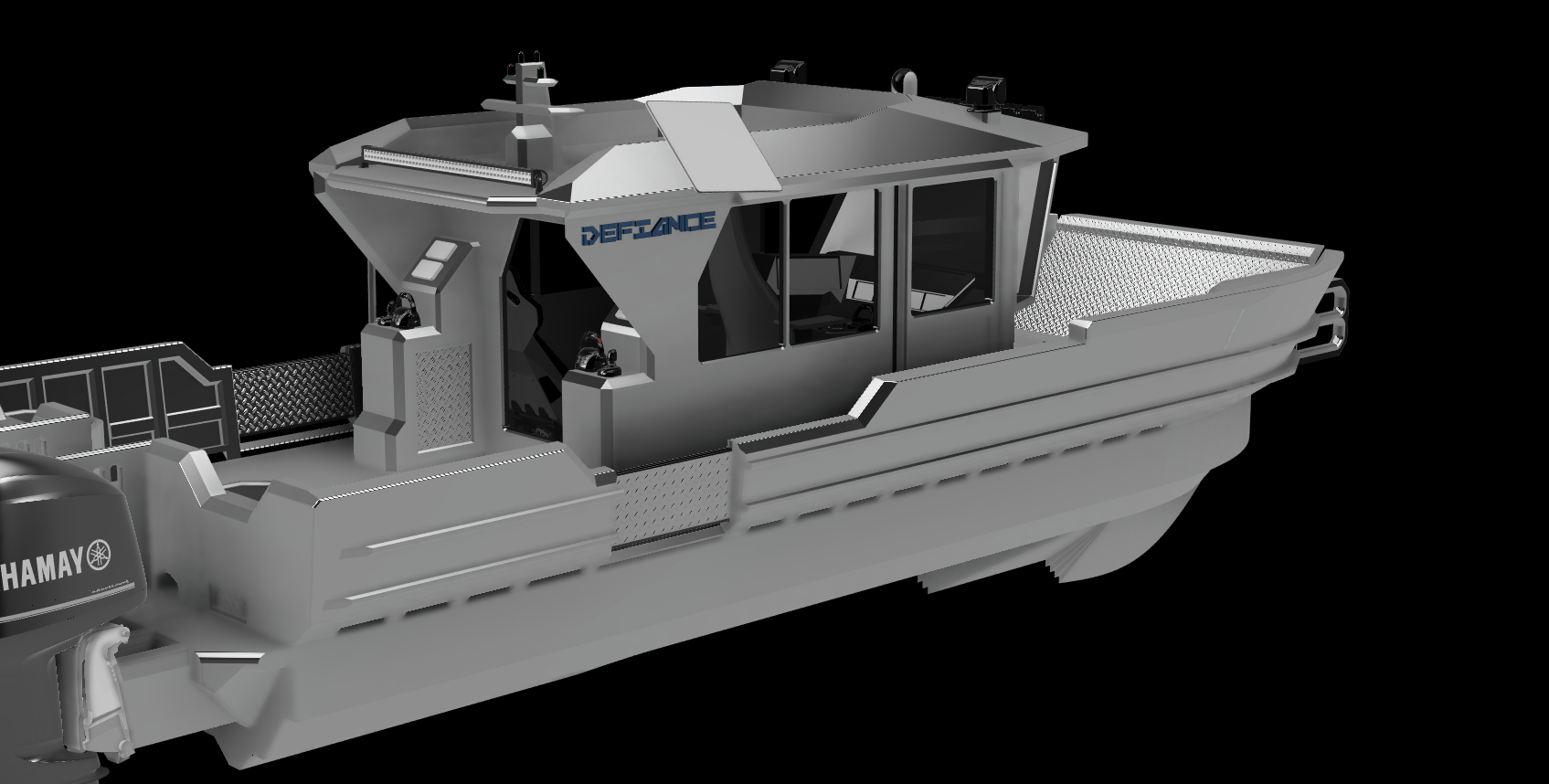 A gray and black boat with a cabin, labeled 'DEFENCE,' featuring a metal railing and an outboard motor labeled 'HAMAY' at the stern.