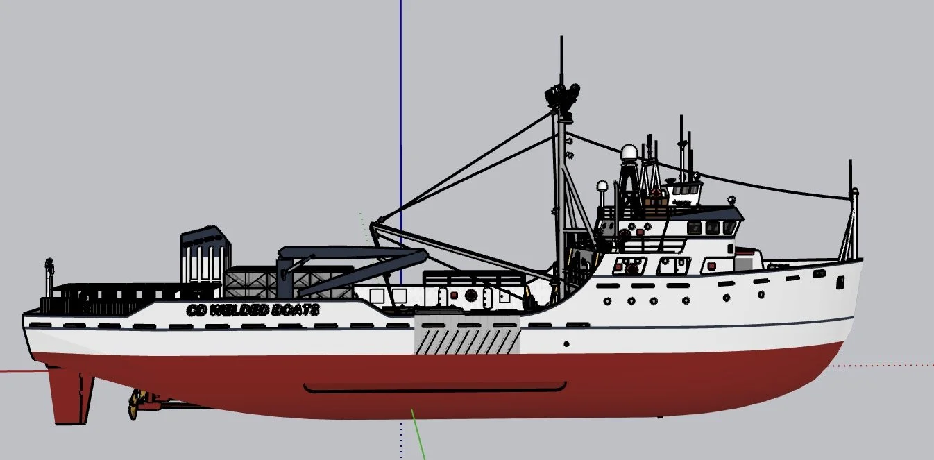 Drawing of a fishing boat named 'Gilligan Boats' with a white upper hull, red lower hull, and various equipment on deck.