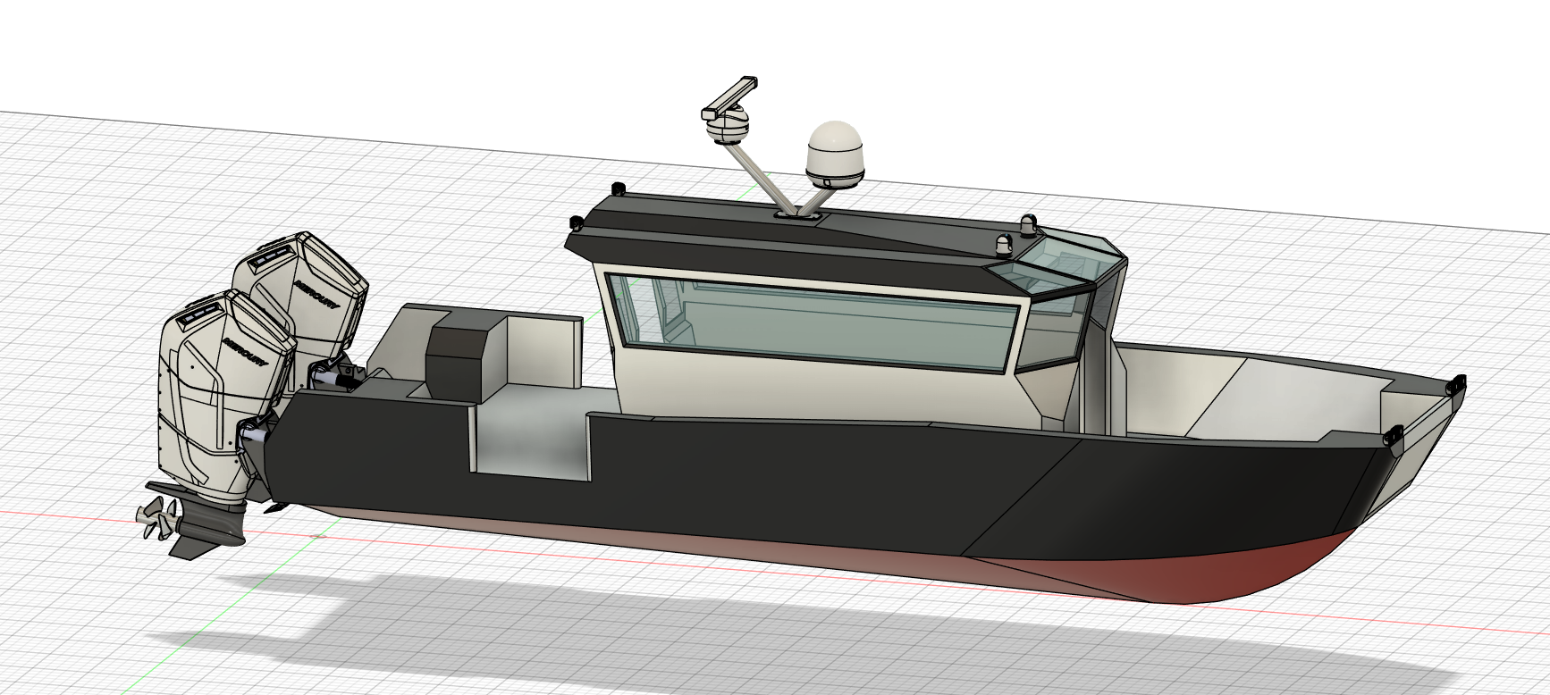 3D model of a modern fishing boat with twin outboard engines, a glass captain's cabin, and radar equipment on top.