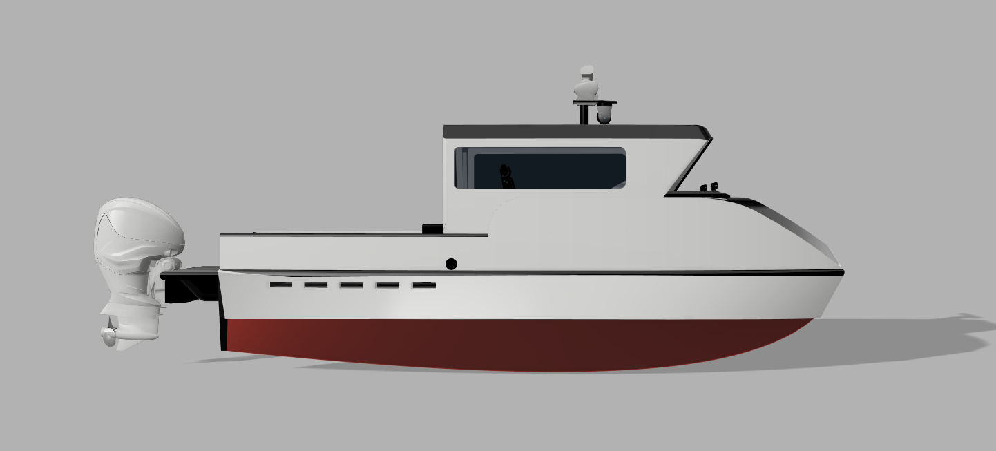 A digital rendering of a modern motorboat with a white hull, black accents, and a red bottom, equipped with an outboard motor on the stern.