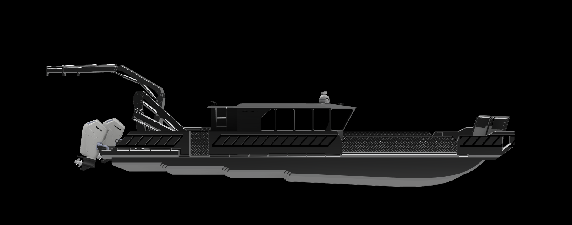 Digital rendering of a modern boat with black and gray color scheme, featuring twin outboard motors, a raised cabin, and a stern platform.