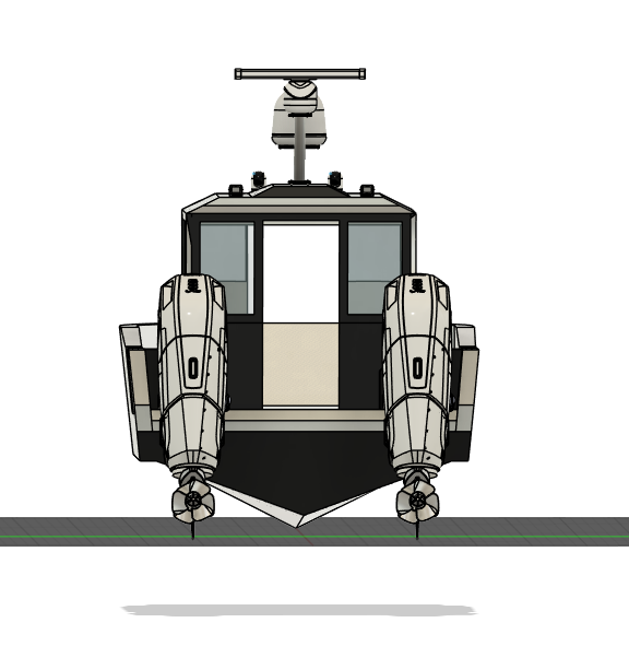A digital illustration of a boat with two outboard motors, shown from the front with a windshield and a radar antenna on top.
