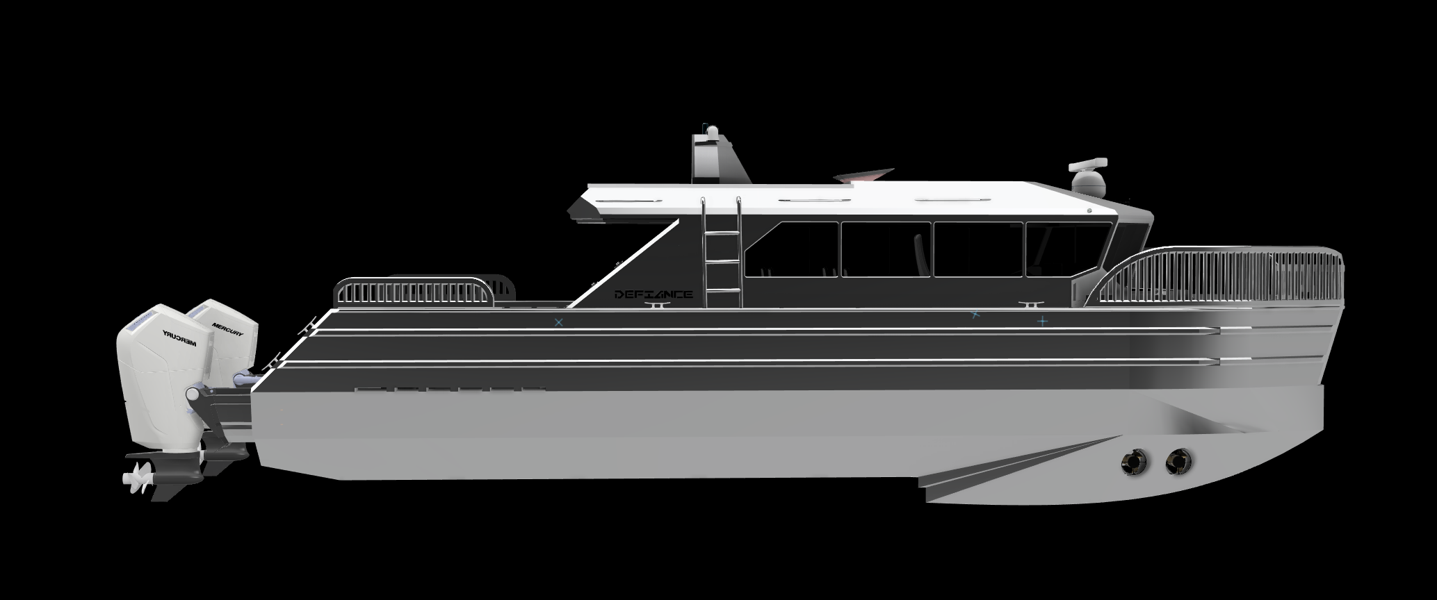 A digital illustration of a modern boat with twin gas engines at the stern, dark windows along the cabin, and a sleek, angular hull design, set against a black background.