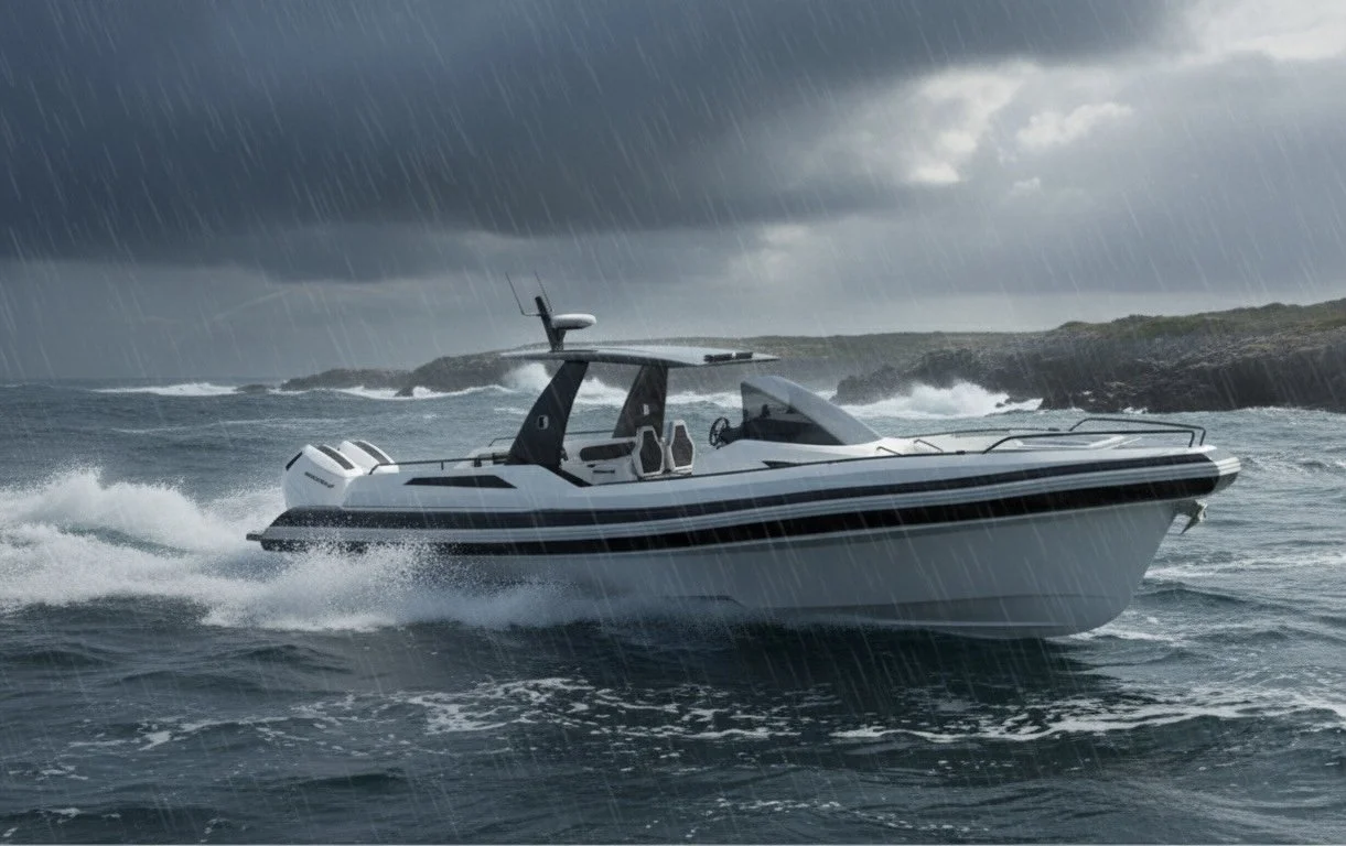 A white speedboat moving across rough ocean waters during a rainstorm with dark clouds overhead.