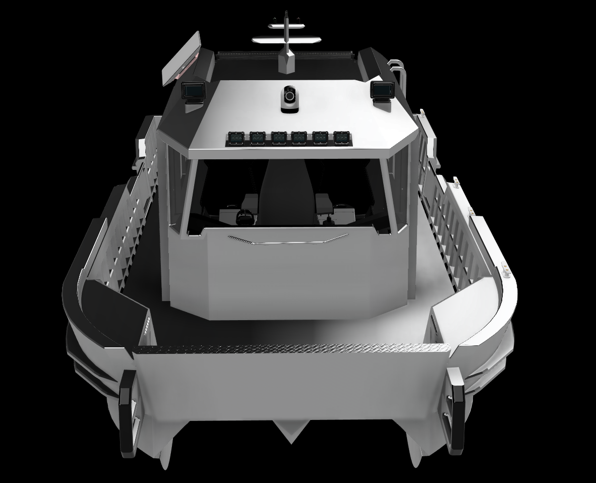 A digital rendering of a metallic, futuristic boat with advanced technology equipment on the deck and a sleek, modern design, set against a black background.