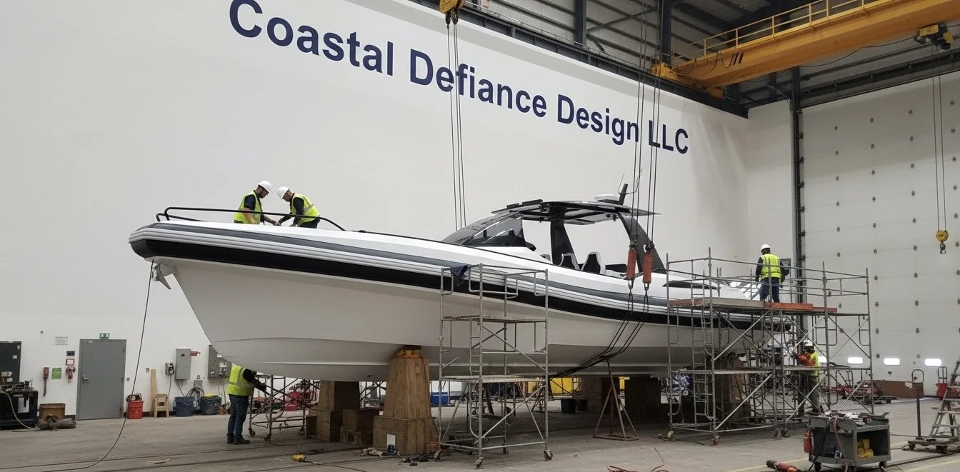 A large yacht is being assembled in an industrial warehouse with scaffolding around it. Workers in safety vests and helmets are working on the yacht, which is elevated on support beams. The warehouse has a high ceiling, and part of the company's name, "Coastal Defiance Design LLC," is visible on the wall.