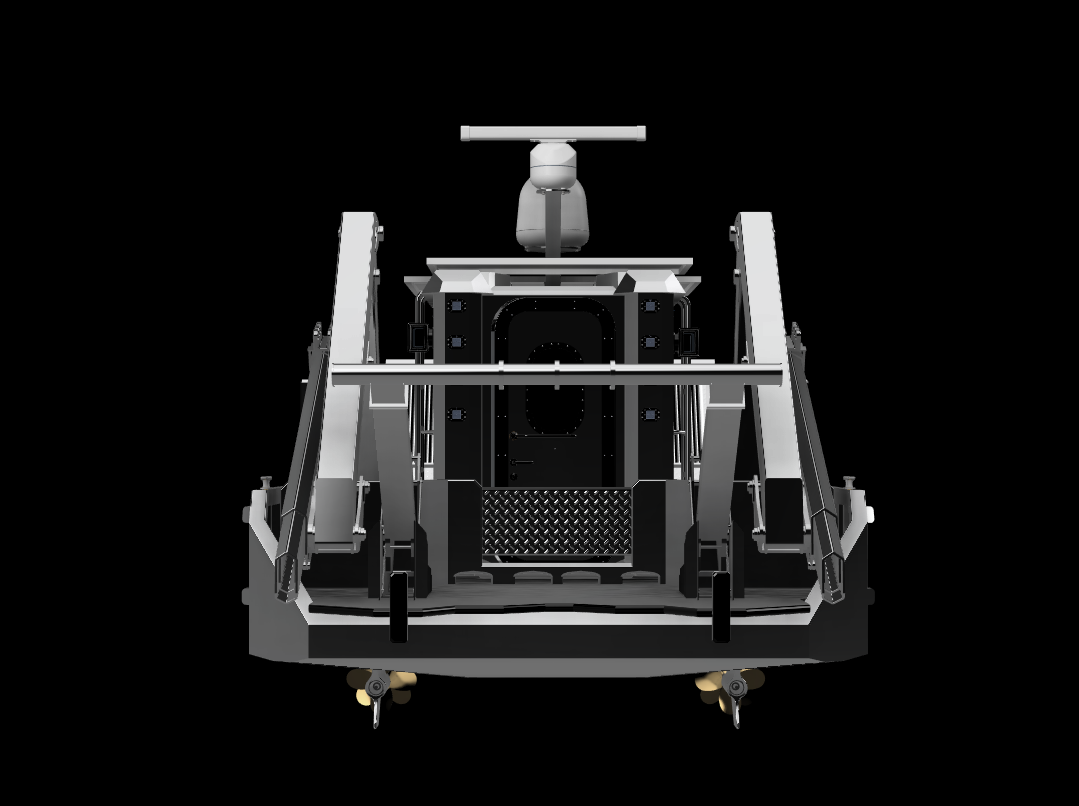 A remote-controlled drone with a camera mounted on top, viewed from the front against a black background.