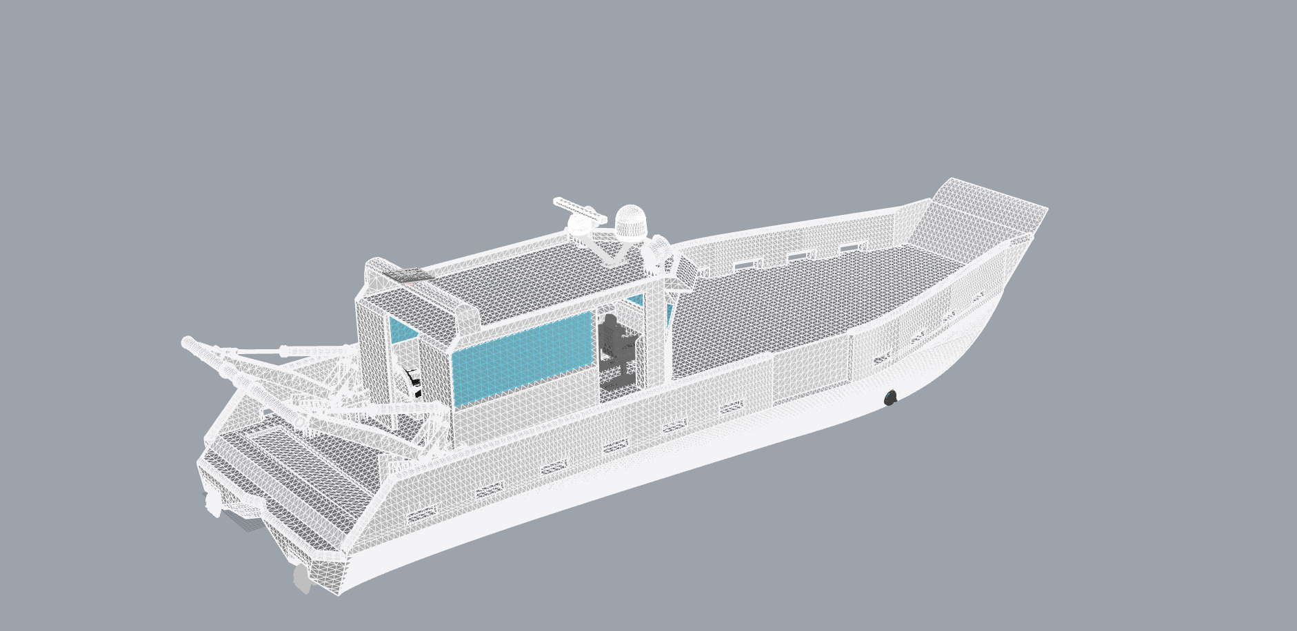 3D digital wireframe model of a boat with a control cabin, radar, and surrounding viewing areas, set against a gray background.