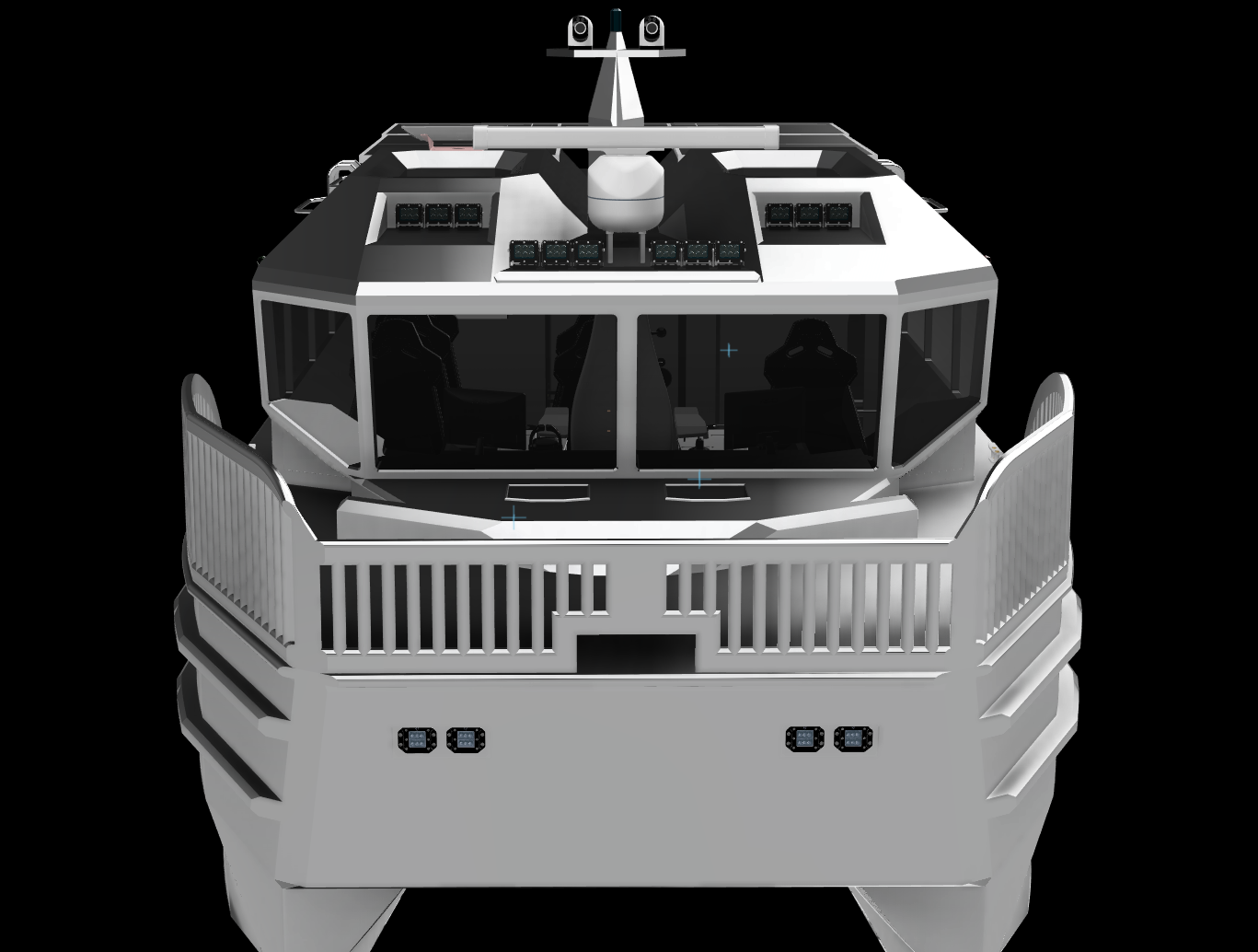 Front view of a modern, white autonomous ship with a sleek design, large windows, and steering controls visible inside.