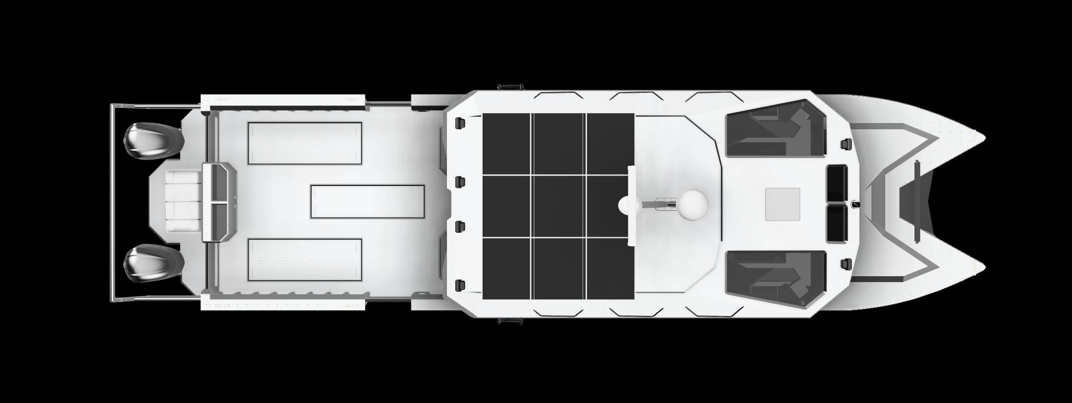 Top-down view of a white yacht with a solar panel system on the roof, twin engines at the stern, and spacious deck area.