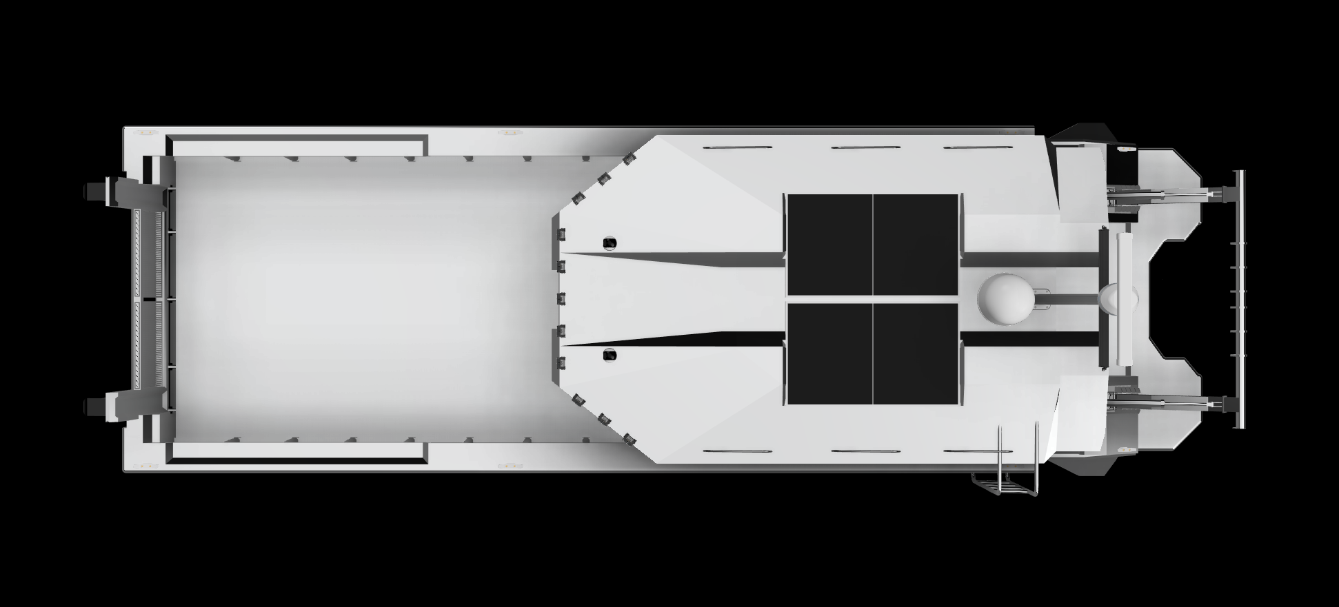 Top-down view of a spacecraft or drone with a white body, black panels, and a spherical component near the front, set against a black background.