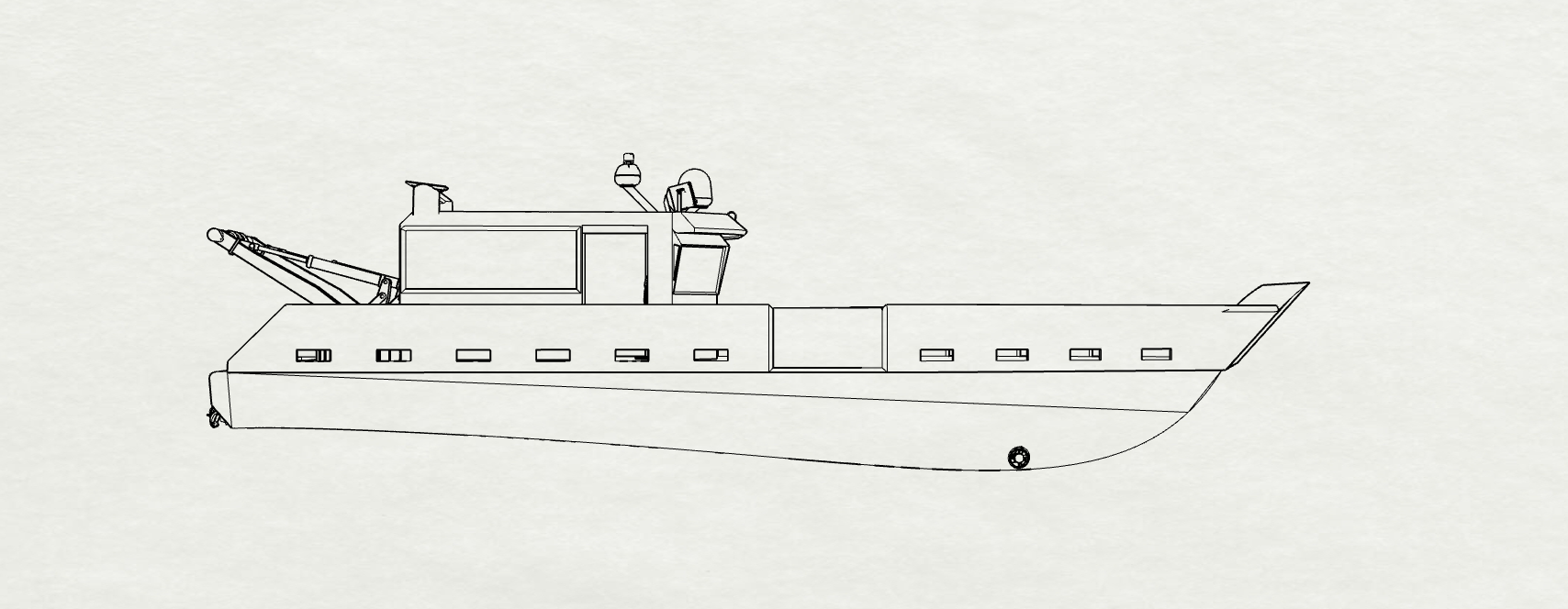 Line drawing of a boat with a cabin, an extended rudder, and a small wheel on the deck.