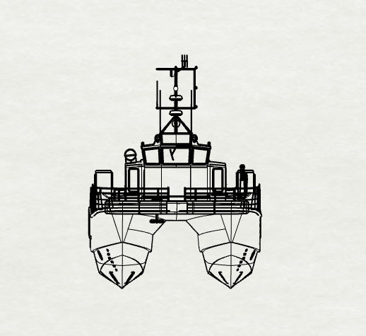 Line drawing of a boat viewed from the front, showing twin hulls and boat structure.