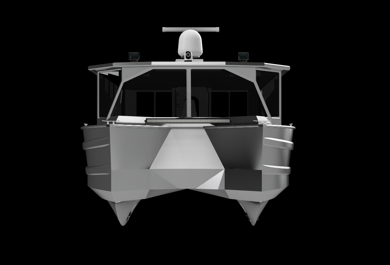 Gray maritime vessel with a modern, angular design and large front windows, set against a black background.