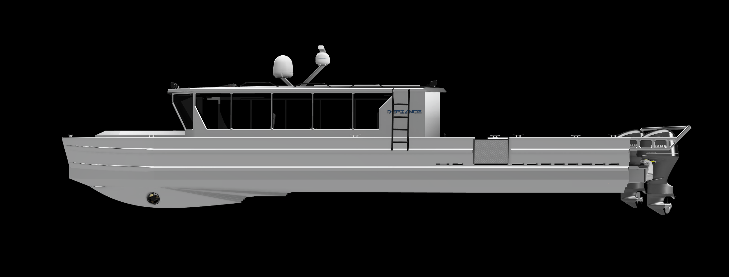 Digital rendering of a modern aluminum boat with a cabin, radar antennas, and an outboard motor, isolated on black background.