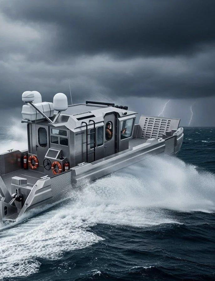 A silver patrol boat speeding through rough waters under dark storm clouds, with lightning in the distance.