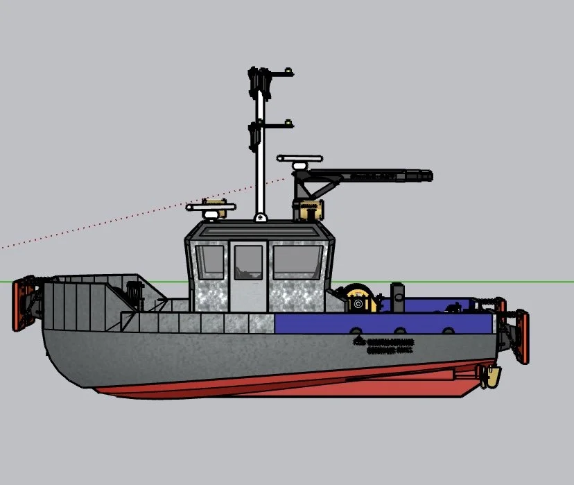 A digital illustration of a small boat with a gray and red hull, a gray cabin, and various mounted equipment including an antenna and a radar system.