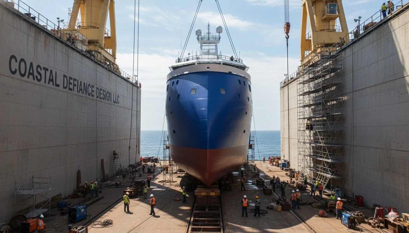 Large blue and white ship under construction in a shipyard, surrounded by scaffolding and workers wearing safety gear, with the ocean visible in the background.