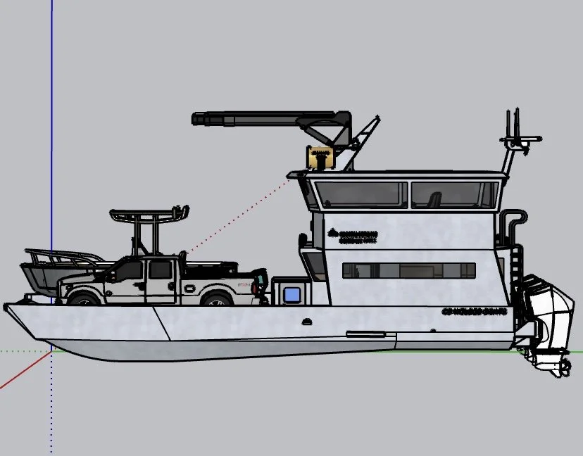 A digital illustration of a boat with a military vehicle on its deck, featuring a large mounted gun on the upper part of the boat.