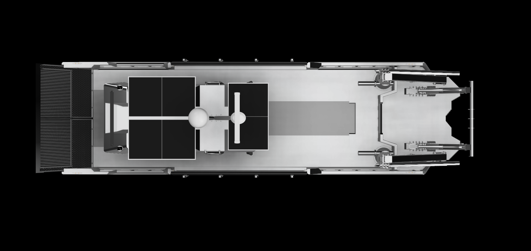 Top view of a modern train car interior with seating, tables, and technological equipment.