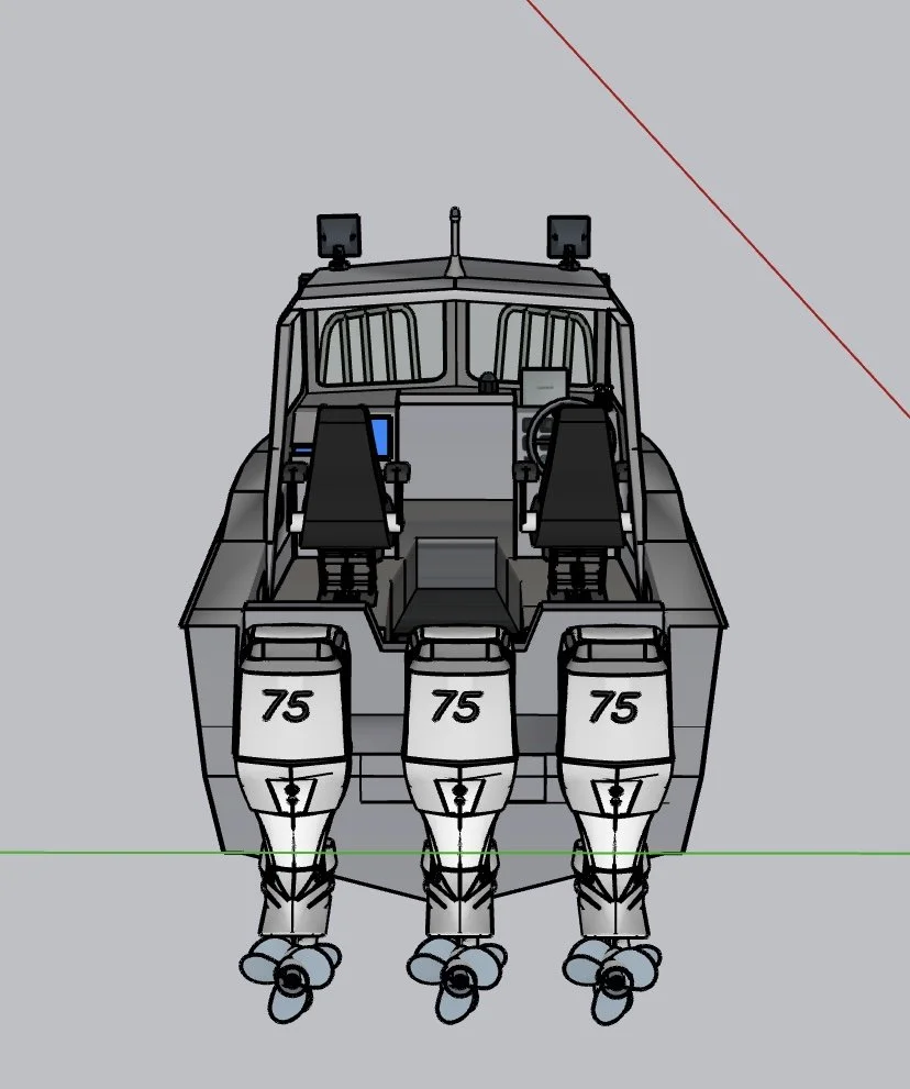 A digital 3D rendering of a boat with three engines, each labeled with the number 75, and two chairs in the cockpit area.