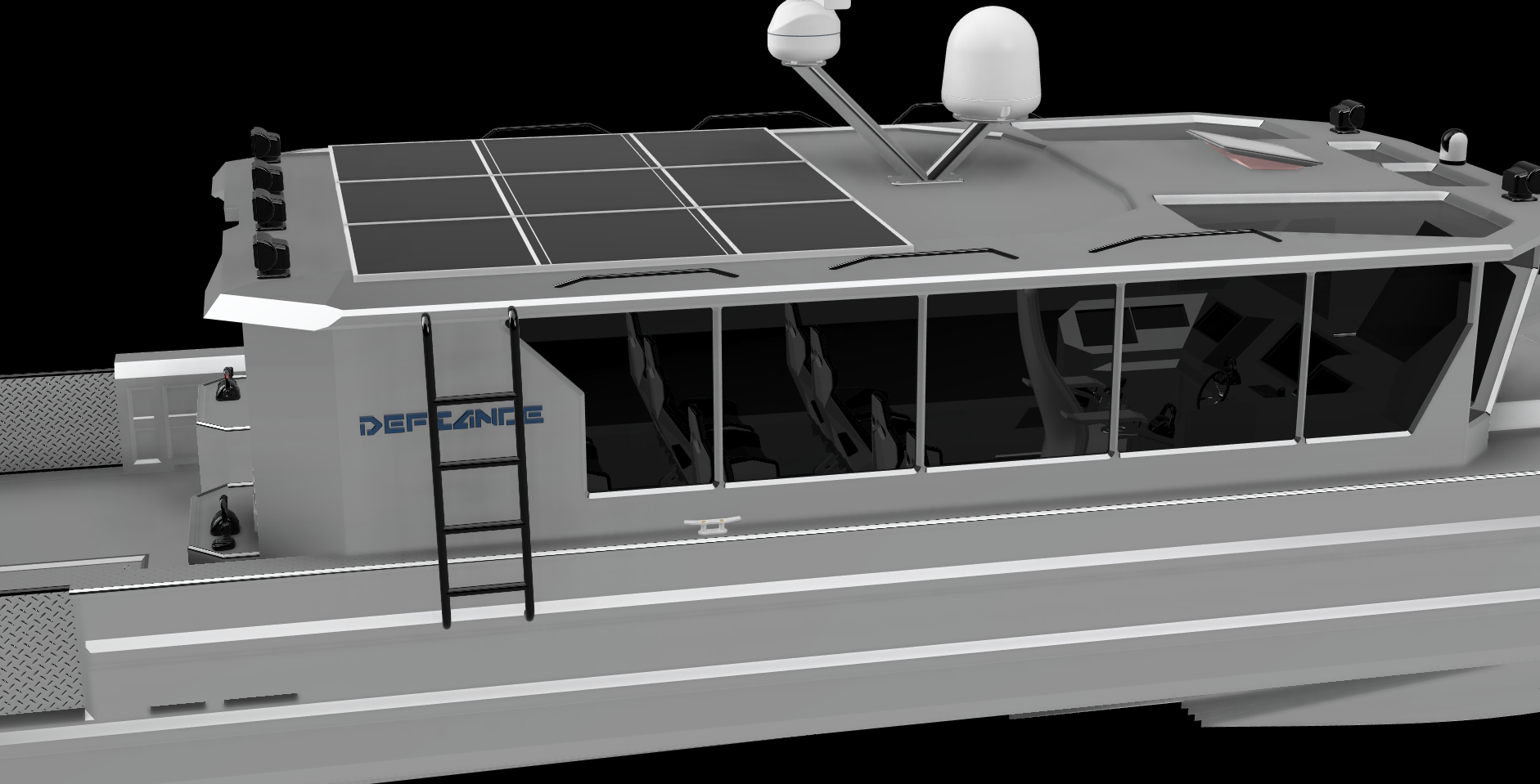 Close-up of a modern autonomous boat with solar panels on the roof, enclosed passenger area with large windows, and equipment on the deck.
