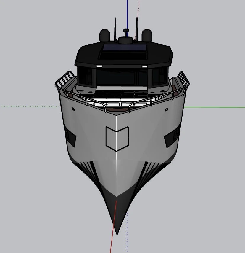 Front view of a modern gray yacht with a black top, featuring railings along the deck and multiple antennas on the roof.