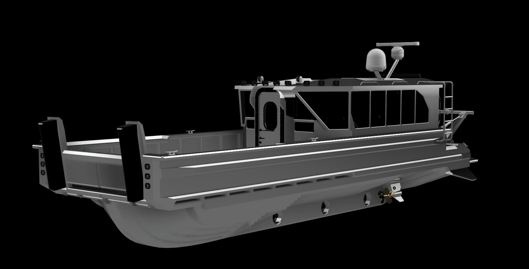 A digital rendering of a modern unmanned boat with a sleek, futuristic design, featuring a covered bridge, antenna, and propellers, set against a black background.