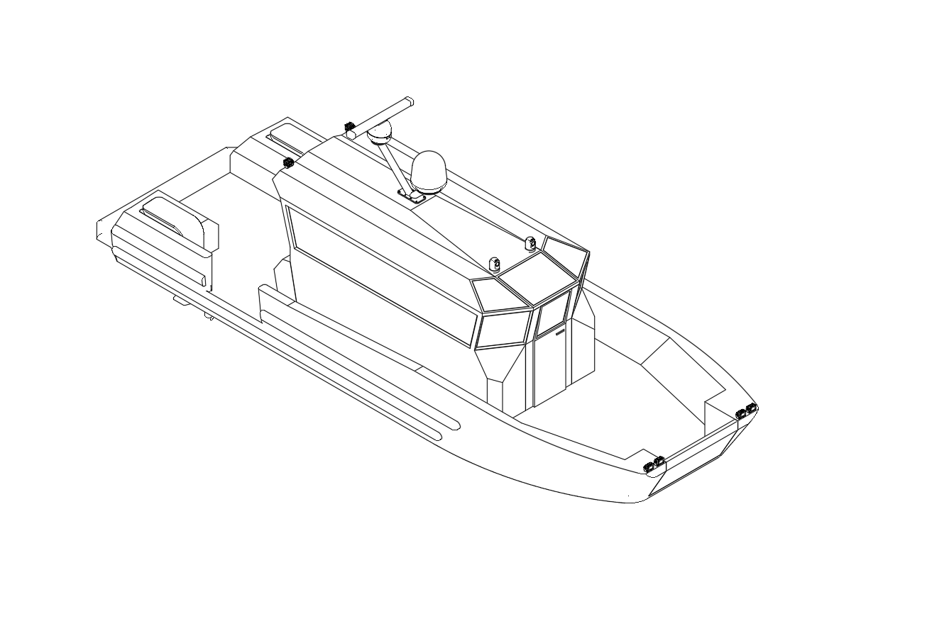 Line drawing of a boat with a cabin, seating area at the rear, and a radar antenna on top.