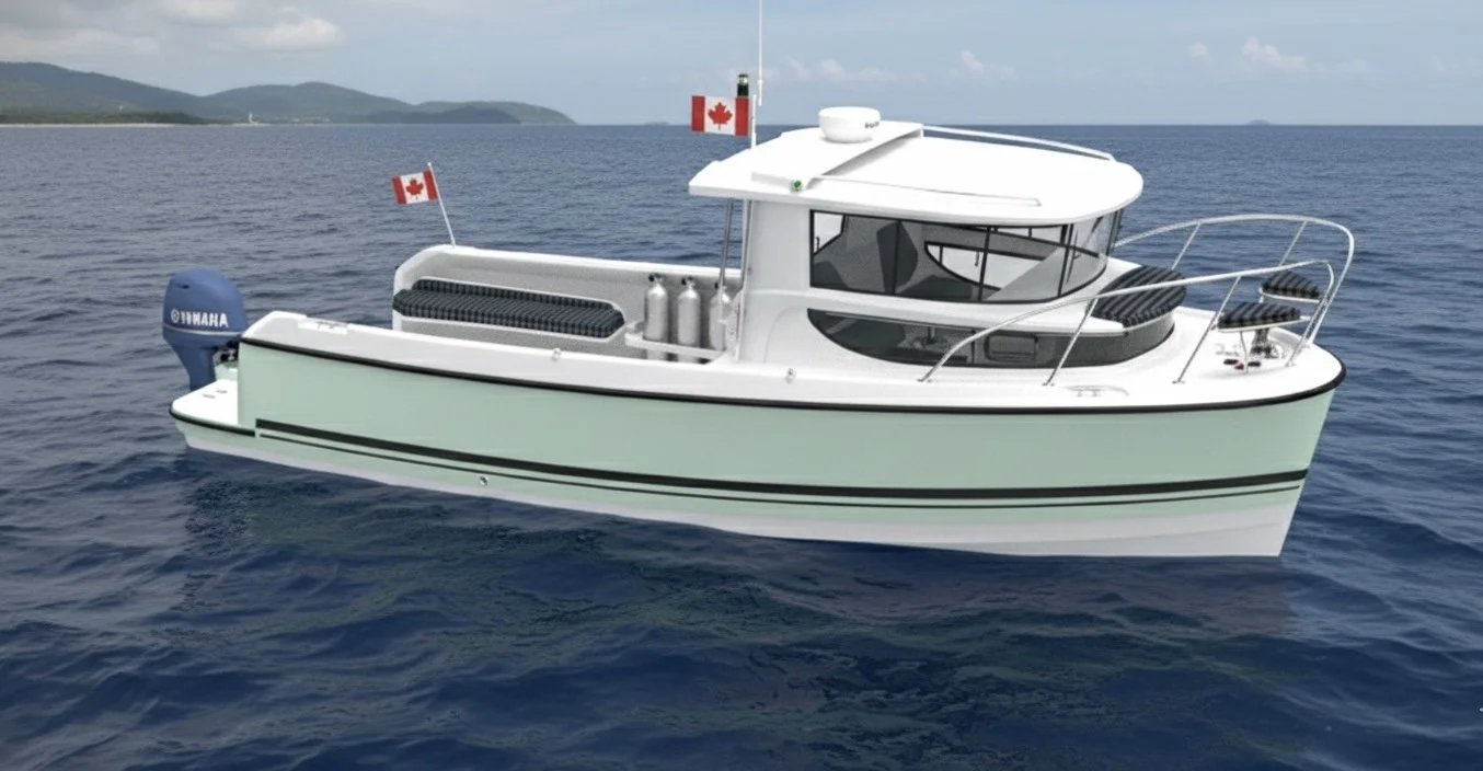 A white boat with Canadian flags on the railing, equipped with a Yamaha outboard motor, floating on calm blue water near the coast with hills in the background.