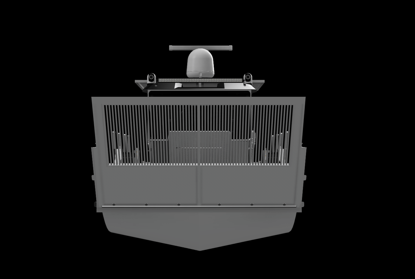 A front view of a sonar or radar device mounted on a boat or watercraft, with a large bar at the top and a grid-like structure below.