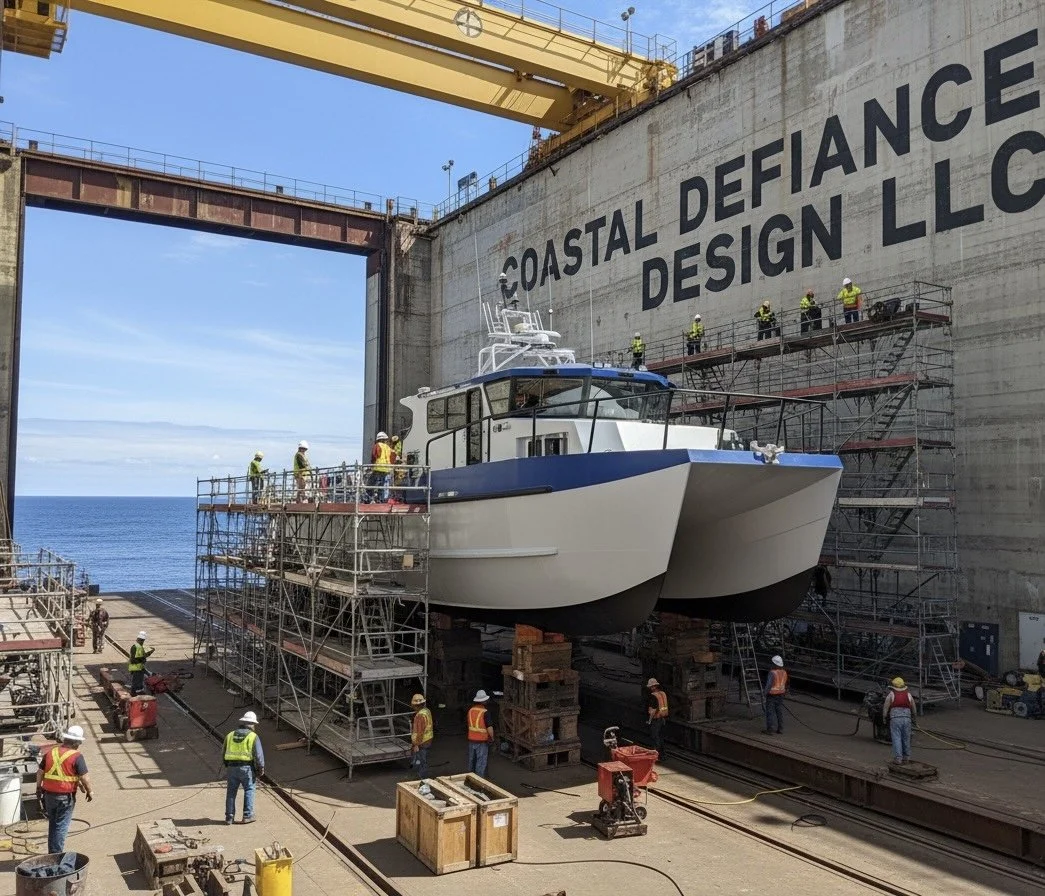 A boat is in a dry dock under construction or maintenance with scaffolding around it, surrounded by workers wearing safety gear.