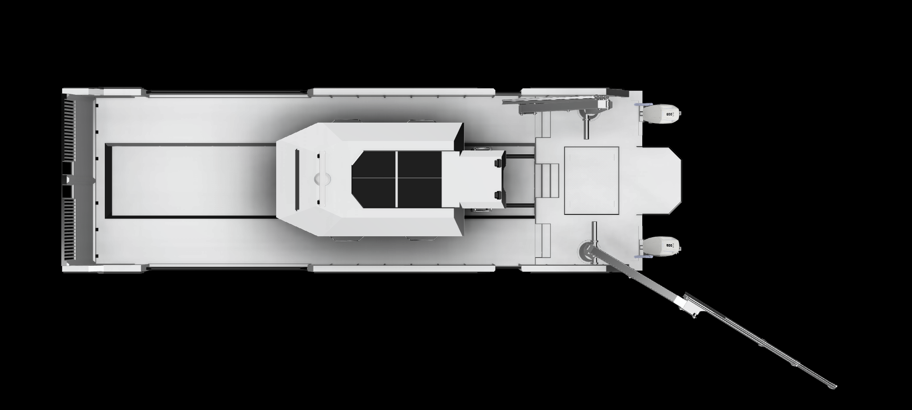 Top-down view of a white delivery truck with an extended ramp at the rear and twin engines at the front.