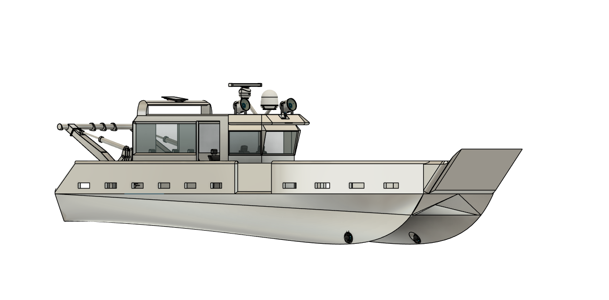 A digital illustration of a futuristic naval ship with a sleek design and advanced radar equipment.