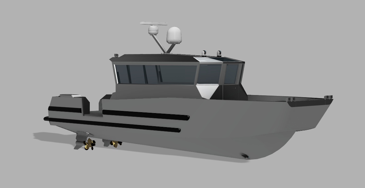 A modern, gray motorboat with a enclosed cabin, radar and antennas, and propellers underneath.