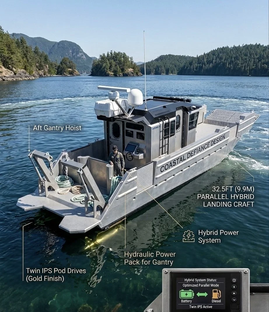 A vessel labeled as a 32.5 ft parallel hybrid landing craft is on the water with mountains and trees in the background. It features twin IPS pod drives with a gold finish, a hydraulic power pack for the gantry, and an aft gantry hoist. There is a dis
