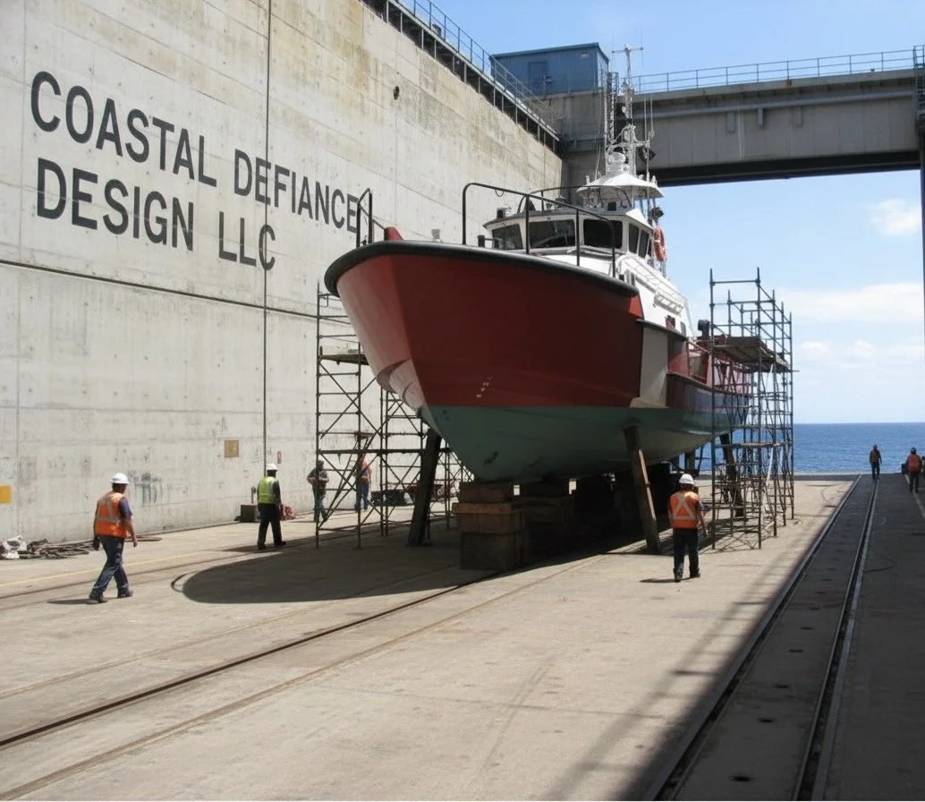 A large boat is being serviced in a shipyard, supported by scaffolding and blocks, with workers nearby.