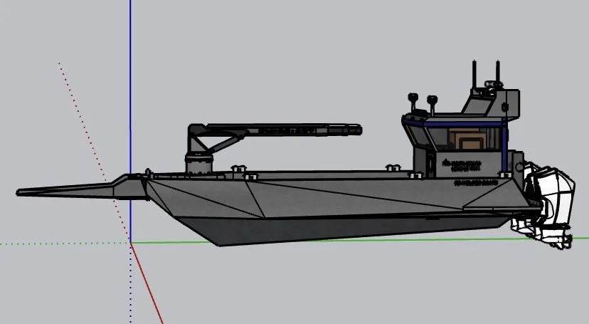 3D model drawing of a boat with an outboard motor and a mounted crane