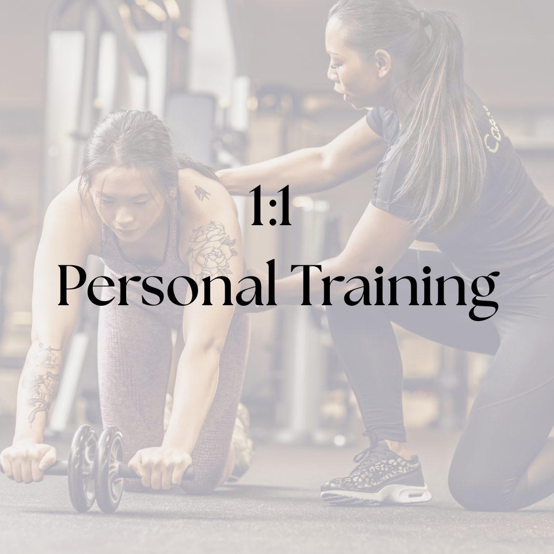A personal trainer assisting a woman during a workout at the gym, using a crossover exercise with a dumbbell, with the trainer guiding her.