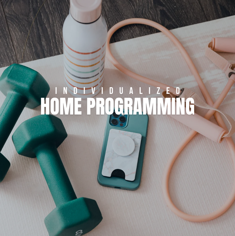 Home workout setup including green dumbbells, a water bottle with colorful stripes, a smartphone on a marble-patterned pop socket, resistance bands, and a towel.