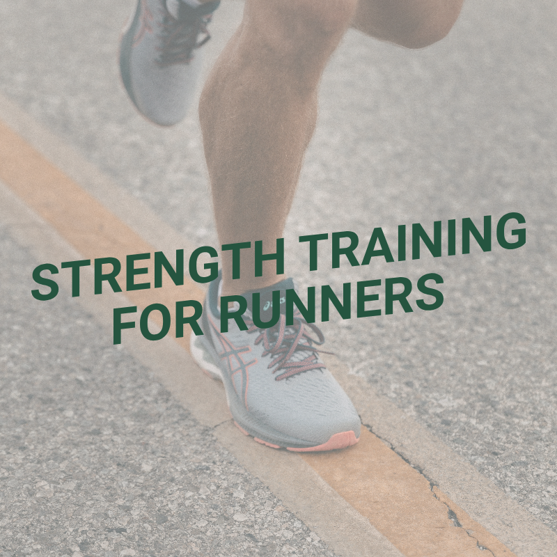 Close-up of a runner's shoe and leg on a running track with the text 'Strength Training for Runners' overlayed.