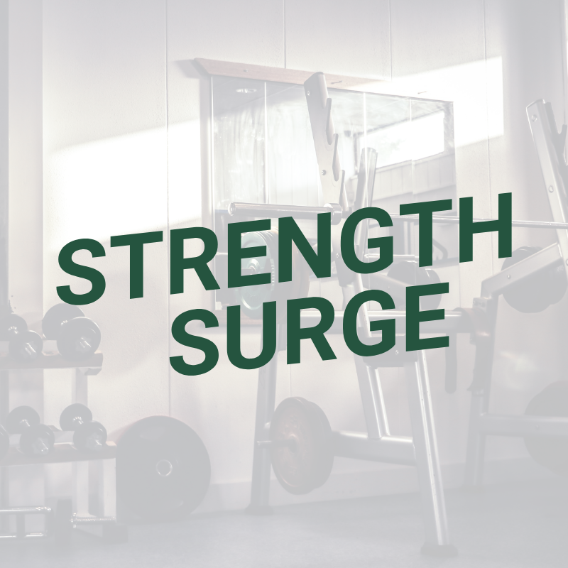 Weightlifting gym with various weights and equipment, and large text overlay that reads "Strength Surge."