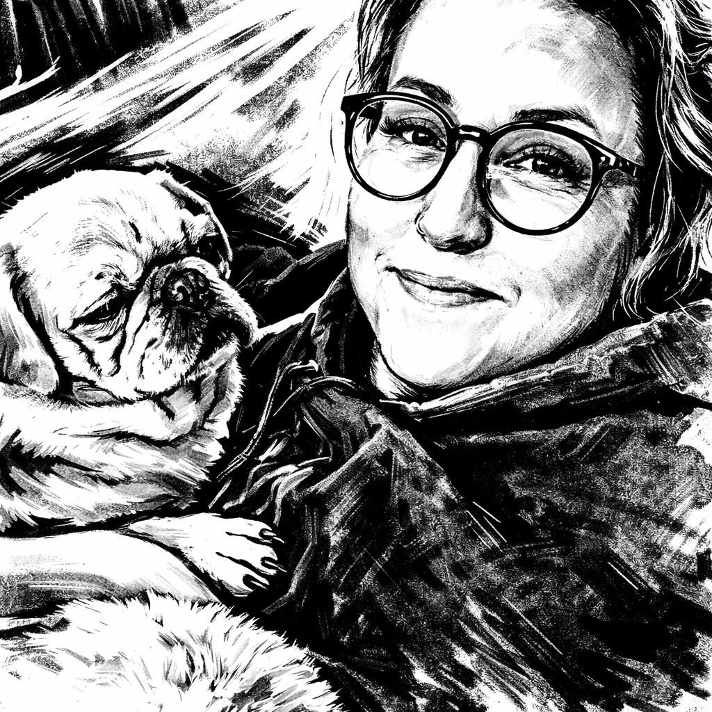 A woman with glasses and a nose ring lying down next to a large, sleeping bulldog.